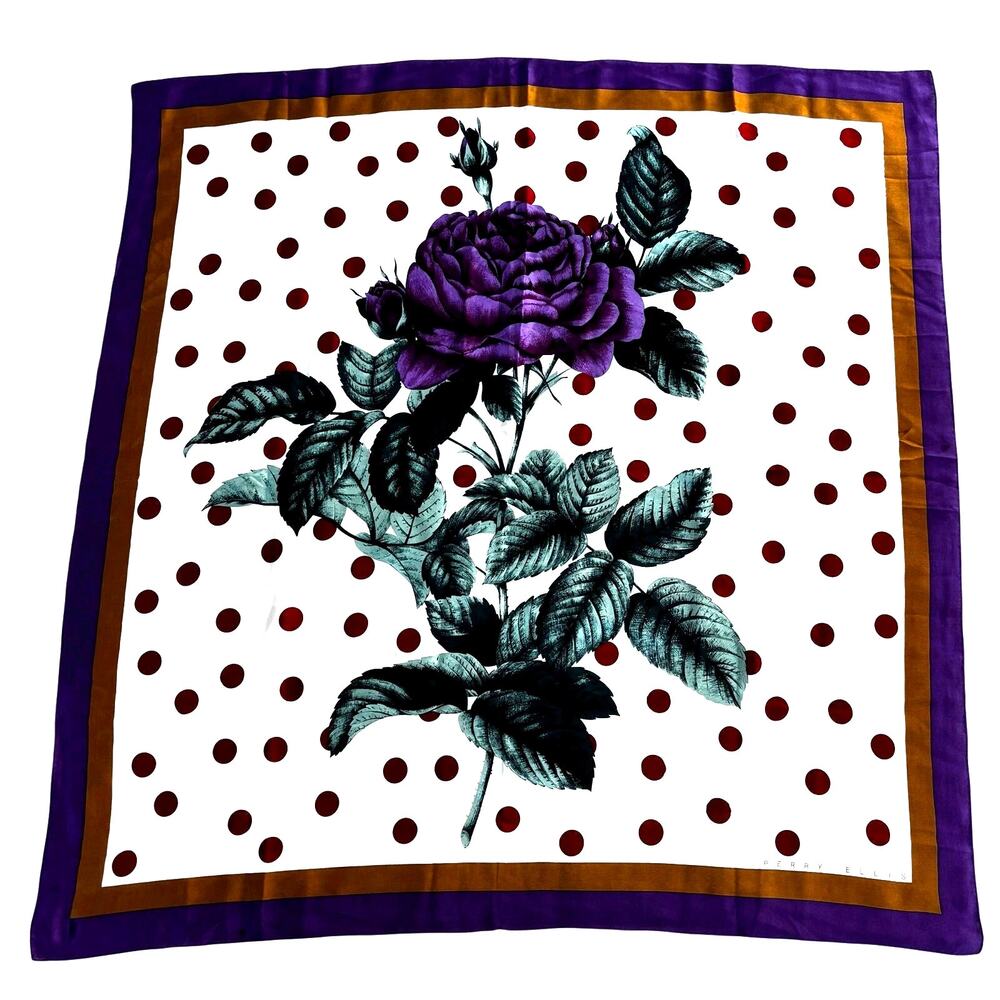 Vintage Perry Ellis silk scarf mod polka dots floral 80’s designer FLAWS